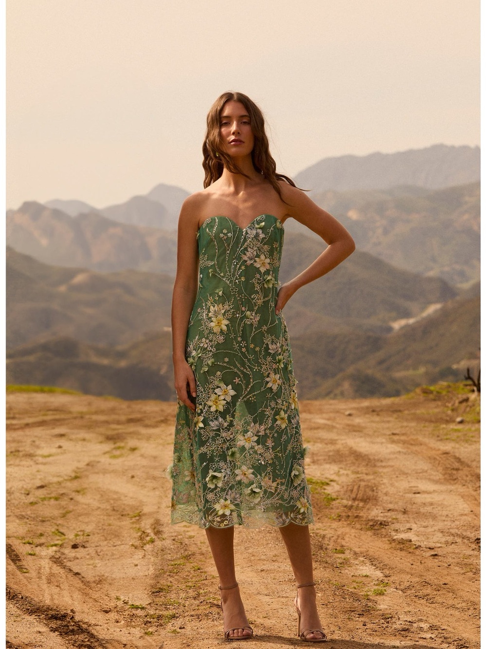 Helsi Francine Embellished Floral Appliqué Strapless Dress in Green Size XS NWT